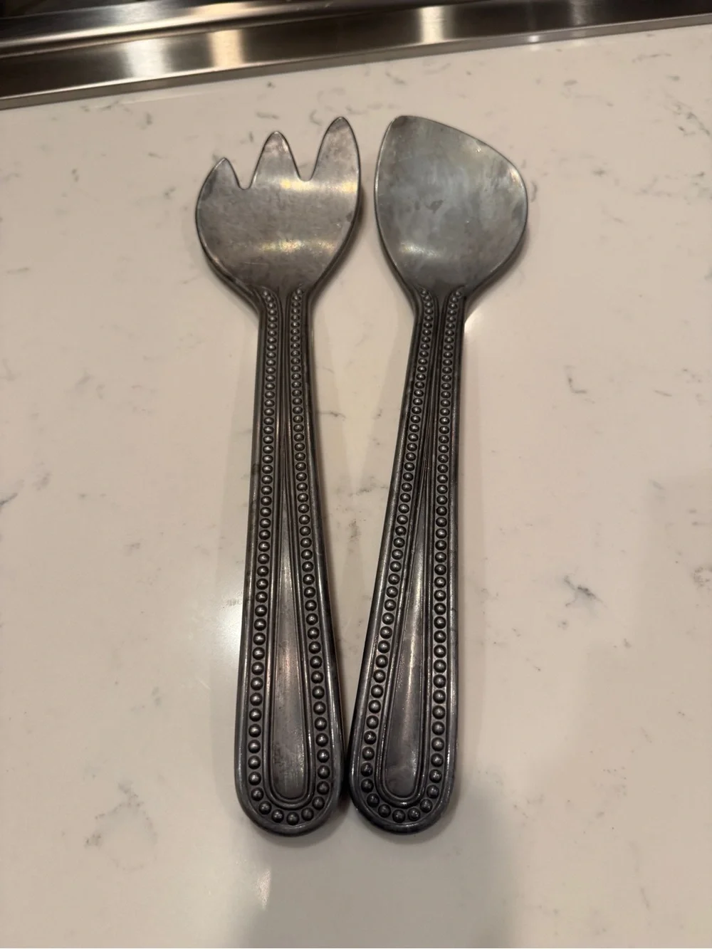 Vintage Wilton Armetale Salad Serving Set Beaded Handle 12” Fork Spoon